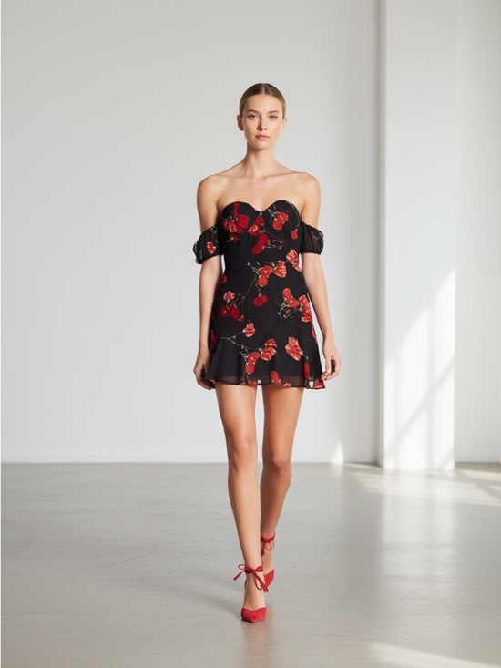 Dresses & Skirts - Black Off-Shoulder Floral Mini Dress with Red Blossoms
